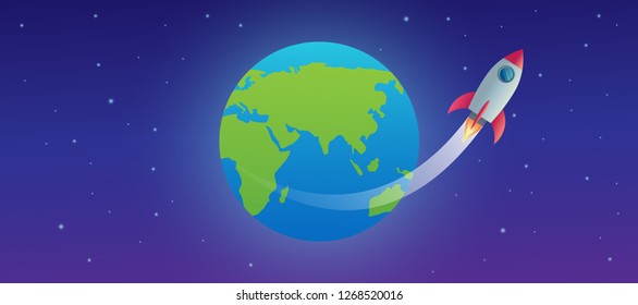 rocket over the planet earth globe from the space vector design illustration