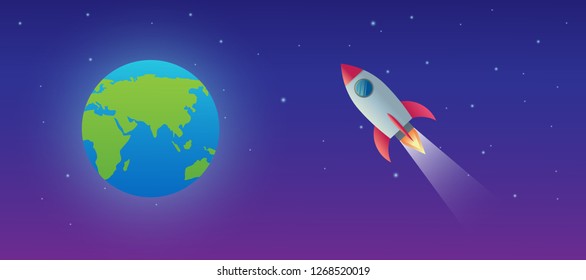 rocket over the planet earth globe from the space vector design illustration