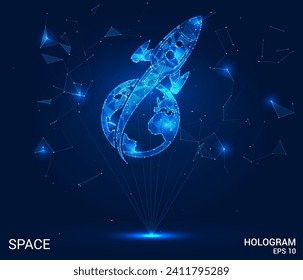 El cohete sobre el planeta es un holograma. La tecnología de cohetes consiste en polígonos, triángulos de puntos y líneas. El icono del cohete está sobre un planeta con una estructura de conexión de baja densidad. vector.