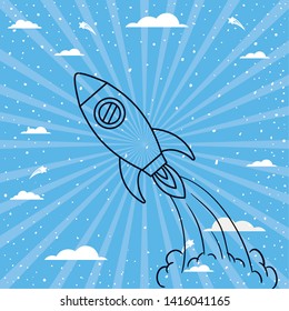 Rocket over striped background design