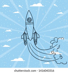 Rocket over striped background design