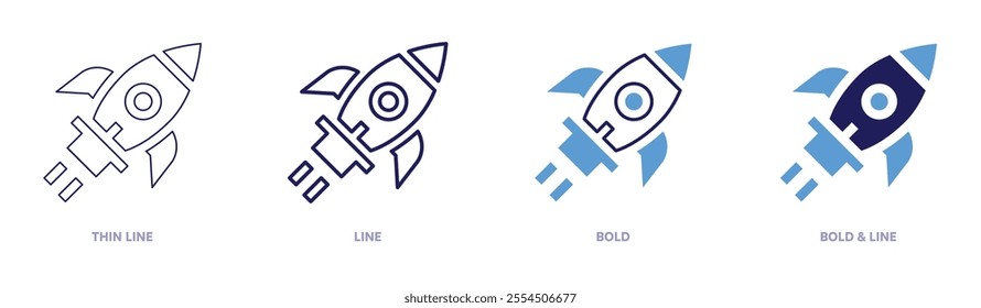 Rocket overviews icon in 4 different styles. Thin Line, Line, Bold, and Bold Line. Duotone style. Editable stroke.