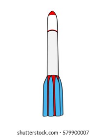 The rocket is painted in blue, red and white colors. Space design element. Hand drawing. Vector illustration.