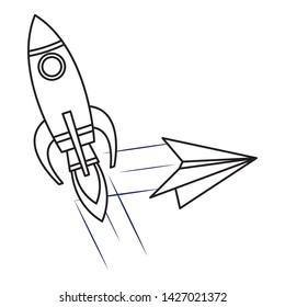 rocket and a paper airplane icon cartoon in black and white vector illustration graphic design