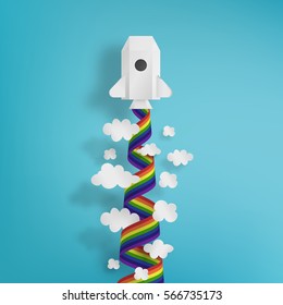 Rocket paper art with rainbow vector illustration