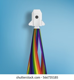 Rocket paper art with rainbow vector illustration