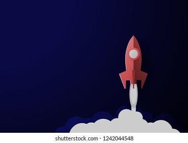 Rocket Paper Art red Vector and illustration flying rocket.Space travel to the moon.Space rocket launch.Project start up Solar System and text space
