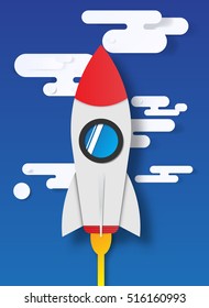 Estilo de arte de papel de cohete con ilustración vectorial de fondo de cielo