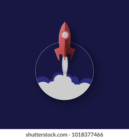 Rocket Paper Art Vector and illustration flying rocket.Space travel to the moon.Space rocket launch.Project start up Solar System and text space 