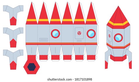 Rocket Paper Cut Toy. Worksheet With Missile. Cut And Glue The Paper Spaceship, Create Toys Yourself, Kids Handmade Gaming Puzzle Vector Set. Craft Activity, DIY Or Educational Riddle