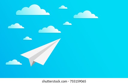 Rocket paper fly to the sky with clouds flat design. use for start up, exploration, idea, freedom. space for text. Business concept. Vector illustration