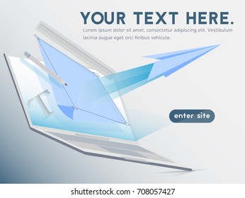 rocket paper plane is flying out from the computer. Sketching in creating a successful work.start up business concepts vector illustration flat style.