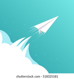 rocket paper plane is flying  through the clouds on the sky - start up business concepts vector illustration flat style