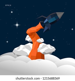 Rocket papercraft take off on night sky, Papercraft 3D, Vector gradient Illustrator EPS10.