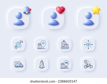 Iconos de línea de transporte de cohetes, parcelas y camiones. Marcador de posición con campana 3d, estrella, corazón. Paquete de viaje, bicicleta, icono del cinturón de equipajes. Estación de gasolina, pictograma de estación de carga. Vector