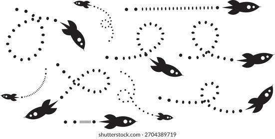 Rocket path icon set with playful dotted trails in a simple black silhouette style. Space-themed vector illustrations ideal for kids designs, futuristic concepts, and creative patterns.