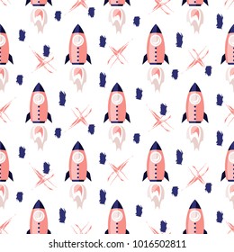 Rocket pattern vector background. Pink girl space design.