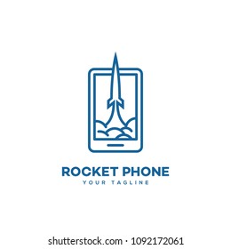 Rocket phone logo design template in linear style. Vector illustration.