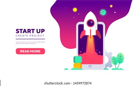Rocket with Phone startup design concept for website banner, flyer, header