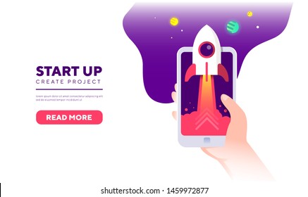 Rocket with Phone startup design concept for website banner, flyer, header