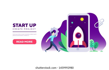 Rocket with Phone startup design concept for website banner, flyer, header