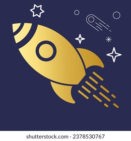 Rocket pictogram, spaceship vector symbol on black background