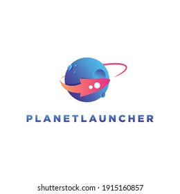 Rocket Pink and Blue Planet Logo Design for Business and Company
