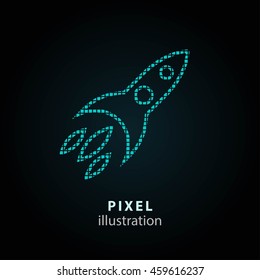 Rocket - pixel icon. Vector Illustration. Design logo element. Isolated on black background. It is easy to change to any color.