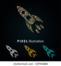 Rocket - pixel icon. Vector Illustration. Design logo element. Isolated on black background.