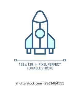 Icono azul claro perfecto de píxel de cohete. Vehículo espacial. Ingeniería aeroespacial. Nuevo producto. Tecnología futura. Signo de color RGB. Diseño sencillo. símbolo Web. Línea de contorno. Ilustración plana. Objeto aislado