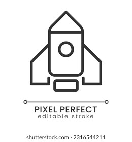 Rocket pixel perfect linear icon. Launch new product and project. Start marketing campaign. Startup. Thin line illustration. Contour symbol. Vector outline drawing. Editable stroke. Poppins font used