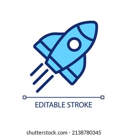 Rocket pixel perfect RGB color icon. Launch spacecraft into cosmos. Space shuttle. Start up. Isolated vector illustration. Simple filled line drawing. Editable stroke. Arial font used