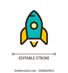 Rocket pixel perfect RGB color ui icon. Startup success. Launching spacecraft. Simple filled line element. GUI, UX design for mobile app. Vector isolated pictogram. Editable stroke. Arial font used