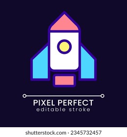 Rocket pixel perfect RGB color icon for dark theme. Launch new product and project. Business strategy. Startup. Simple filled line drawing on night mode background. Editable stroke. Poppins font used