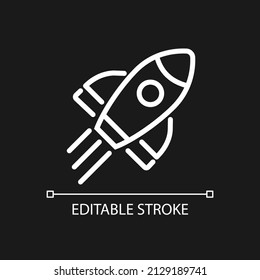 Rocket pixel perfect white linear icon for dark theme. Launch spacecraft into cosmos. Space shuttle. Start up. Thin line illustration. Isolated symbol for night mode. Editable stroke. Arial font used