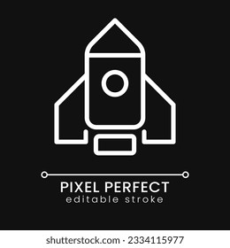 Rocket pixel perfect white linear icon for dark theme. Launch new product and project. Business strategy. Thin line illustration. Isolated symbol for night mode. Editable stroke. Poppins font used