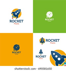 Rocket Pixels - Vector Illustration. Playful logo featuring a rocket in which the usual vapor/smoke rockets leave behind is replaced by pixels.