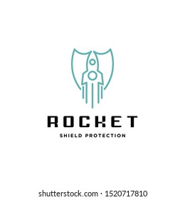 rocket plane fly boost uprise with shield protection in line art style logo icon vector template