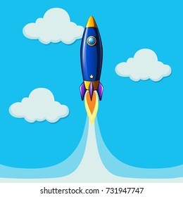 Avión de cohete volando en ilustración azul cielo