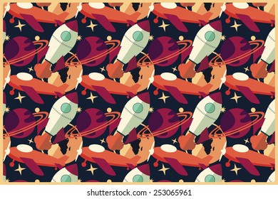 Rocket, planet and airplane in space, vector illustration