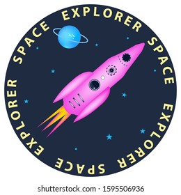 Rocket, planet, cartoon - round icon, isolated on white background - vector. Space exploration