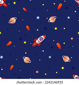 Rocket, planet and comet on navy background. Seamless vector pattern.