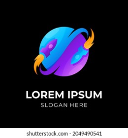 rocket and planet logo design concept with 3d colorful style