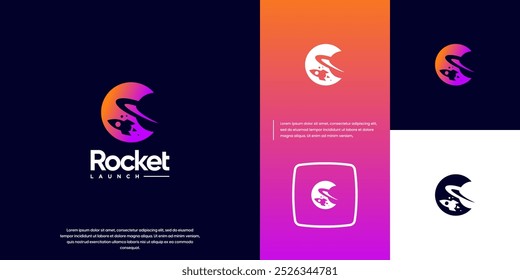 logotipo do foguete e do planeta com estilo de espaço negativo, ciência, ilustração do vetor do projeto.