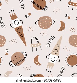 Cohetes y planetas sobre fondo marrón Estilo de caricatura diseño de fondo de patrón sin fisuras para niños o espacio en ilustración vectorial.
