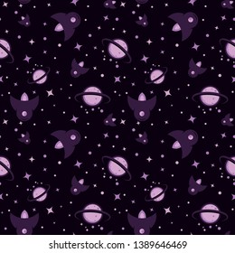 Rocket and planet  seamless vector pattern. Ideal for various assets like postcards,wallpaper and greeting cards.