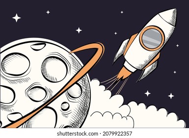 Rocket and planet. Space, astronaut, cosmonaut, modern technologies, travel, adventure, trip. Moon, spaceship, galaxy, stars. Satellite, science, futuristic, universe. Cartoon flat vector illustration