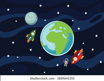 rocket, planet, space, astronaut, earth, sun, vector illustration of the cosmic world