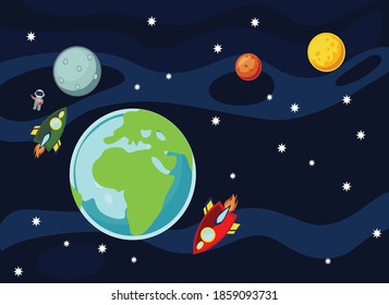 rocket, planet, space, earth, sun, vector illustration of space world