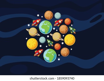 rocket, planet, space, earth, sun, vector illustration of space world
